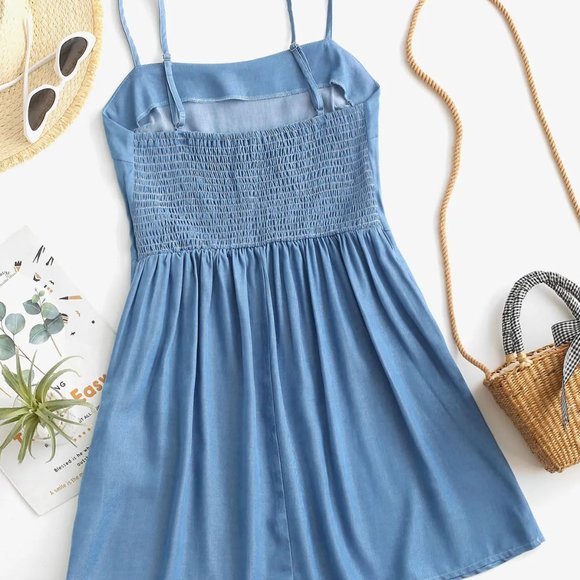 ZAFUL Chambray Smocked Back Mini Cami Dress in Light Blue - Picture 2 of 14